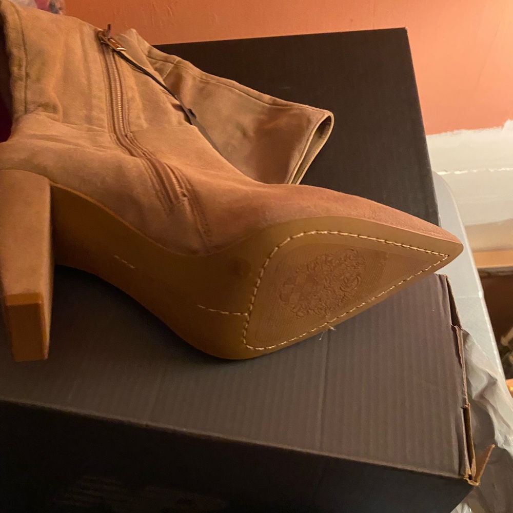 Vince Camuto Camel Suede Heeled Boots wide calf friendly.